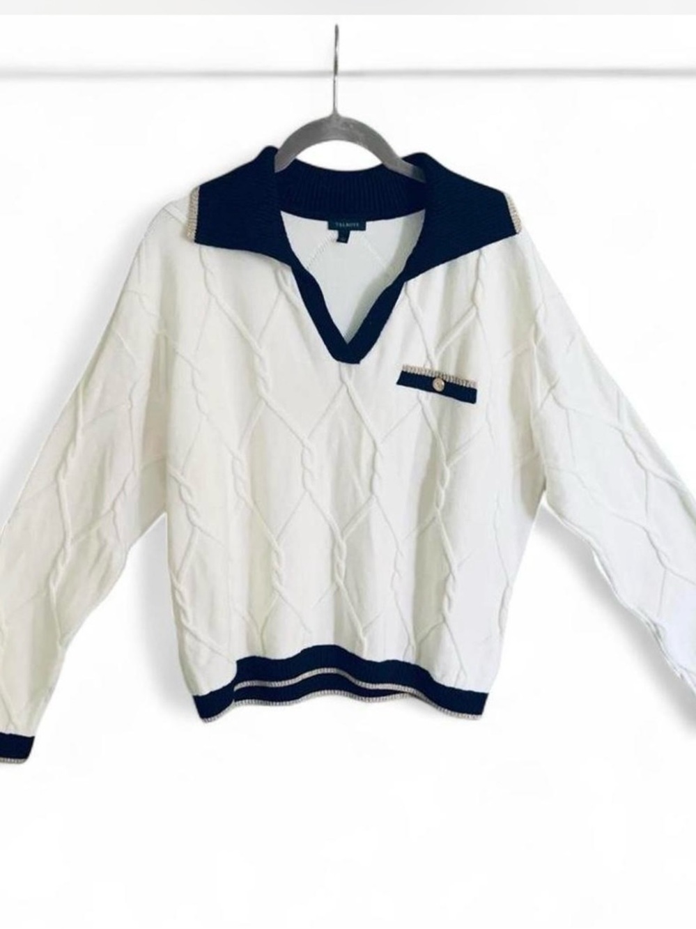 Talbots White Cable Knit V-Neck Sweater with Navy Trim